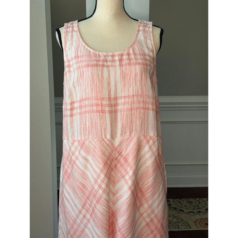 J Jill Love Linen maxi Plaid Dress Pink /white Sleeveless a-line Large Tall - Picture 2 of 8